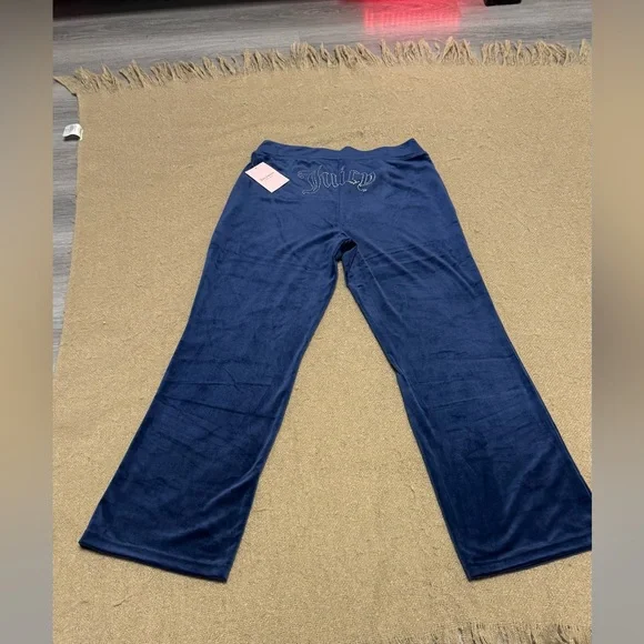 Juicy Couture Velour Track Pants Navy Blue Bling Logo NWT Large - Picture 2 of 15